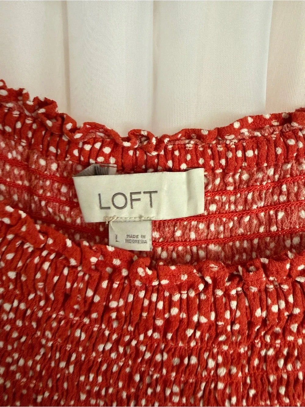 LOFT Red Dot Puff Sleeve Smocked-Hem Peasant Blouse